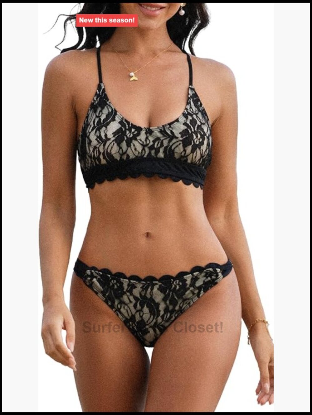 Women's Lace Bikini Set 2 Piece Cross Back Scalloped Bathing Suit